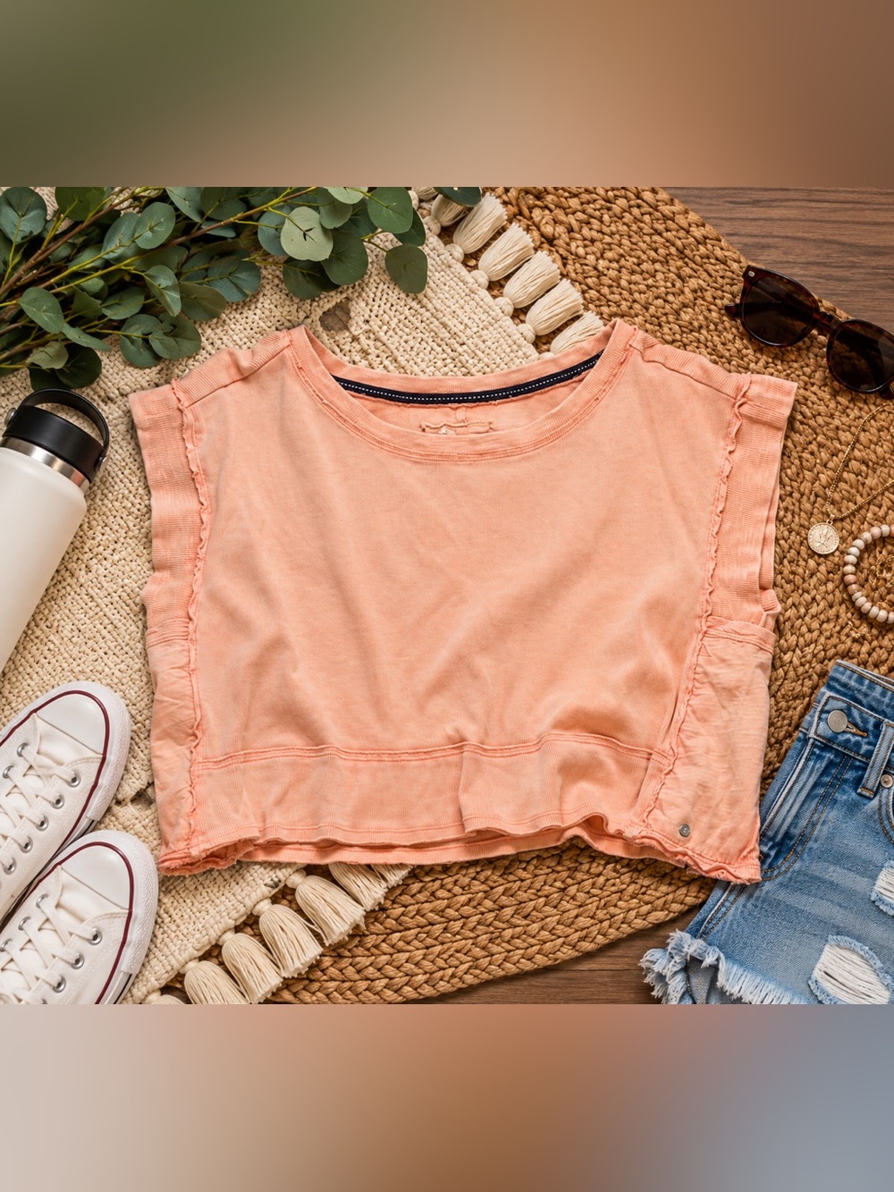 Pilcro Anthropologie XL Peach Pink Ribbed Crop Top Raw Seam Boho Sleeveless